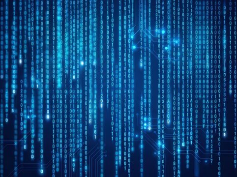 Blue binary code falling down on a dark background representing digital data