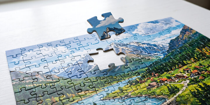 Jigsaw puzzle depicting mountain landscape with single missing piece floating above the center to illustrate completion problem solving and teamwork.