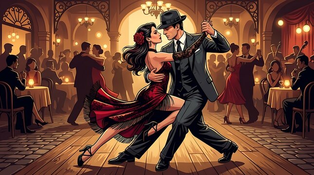 Vibrant Tango Passion in a Romantic Vintage Ballroom Setting with Elegant Dancers