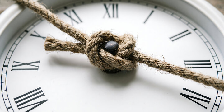 Vintage clock face with roman numerals tied tightly with thick brown hemp rope symbolizing constraints of time pressure and limited schedules.