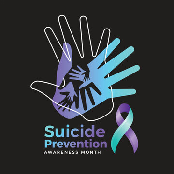 Suicide prevention awareness month - Teal and purple hand layer hands cross white line hand sign and ribbon on black background vector design