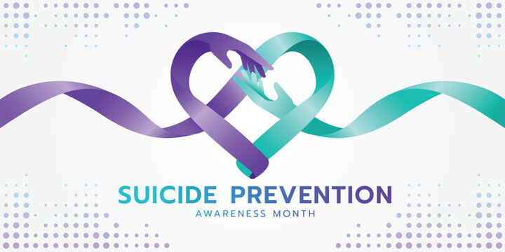 Suicide prevention awareness month - Teal and purple long line ribbon with hands care rolling and waving cross to heart shape vector design