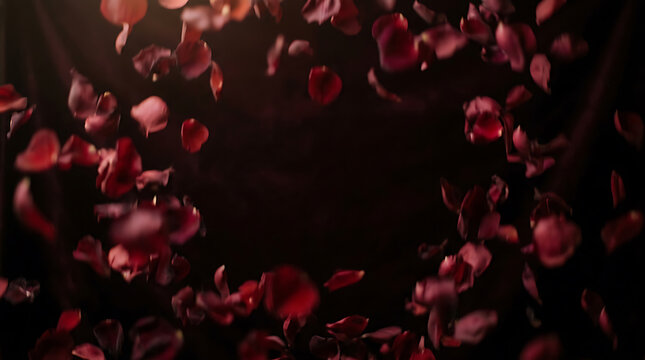 Beautiful dark background with falling red rose petals creating a circular frame for your romantic text