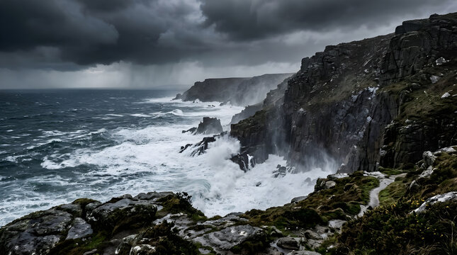 Powerful ocean waves crashing against rugged coastal cliffs under a dark stormy sky.