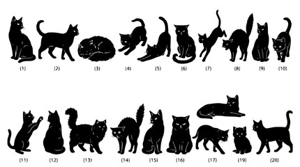 Fototapeta premium Cat silhouettes set with feline poses featuring sitting, lying, stretching, playing with curled tail and arched back with jumping and stalking