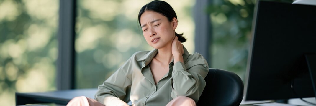 Office worker with neck pain seated at desk holding her neck for workplace health poster and ergonomic awareness background