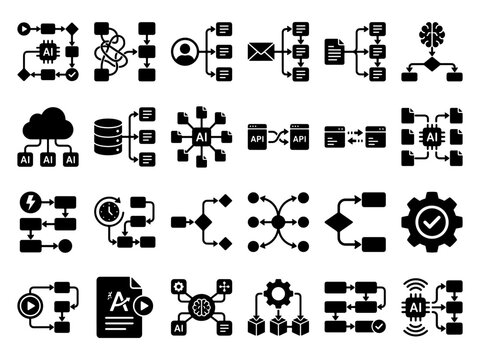 Artificial intelligence and flowchart processing glyph icon set showing network diagrams and algorithms with collection