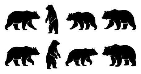 Fototapeta premium Black bear set with various poses featuring standing, walking, sitting, and sniffing with wildlife, animal, and silhouette