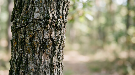 Obraz premium Tree Trunk in a Lush Forest with Detailed Bark Texture, Green Moss, Natural Woodland Vegetation and Serene Outdoor Atmosphere in Springtime