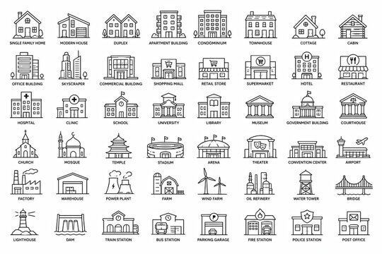 Set of black and white line icons representing various business concepts