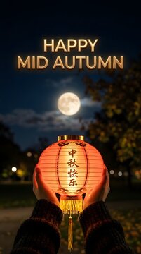 Person holding a glowing red Chinese lantern under a full moon for Mid Autumn Festival celebration.