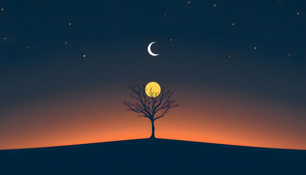 Minimalist Tree Silhouette Under Sun and Crescent Moon Night Sky