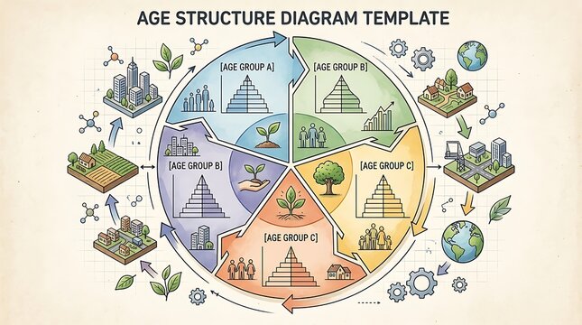 Demographic age structure circular diagram template with pyramids