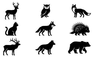 Obraz premium Animal set with silhouettes featuring deer, owl, fox, cat with bear, wolf, porcupine and rabbit