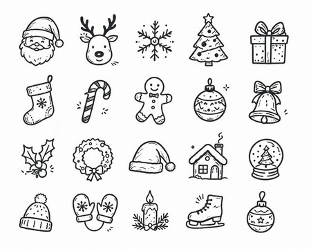 Set of simple black outline icons for christmas and winter holidays