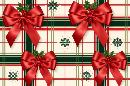 Christmas plaid pattern featuring red bows and holly