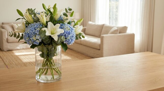 Beautiful fresh flower bouquet with blue hydrangeas and white lilies arranged in clear glass vase standing on wooden table inside modern bright