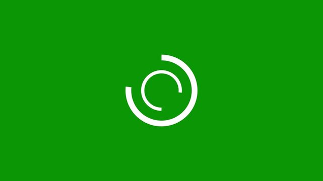 Abstract white circular loading icons animating on green and black background with subtle camera rotation for technology concepts