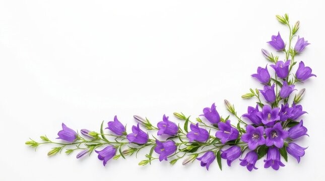 Beautiful purple bellflower floral corner arrangement isolated on white background romantic wedding invitation greeting card decorative botanicals