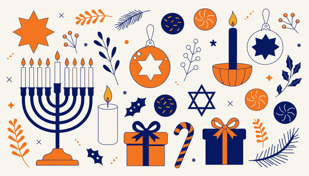 hanukkah symbols and objects, menorah, gifts, star of david, candles
