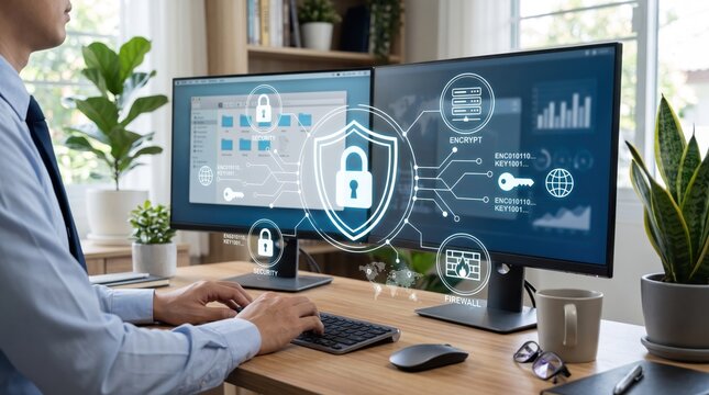 Cyber security featuring man working at dual monitor setup with floating shield icon, encryption keys, and firewall graphics, data protection, network safety
