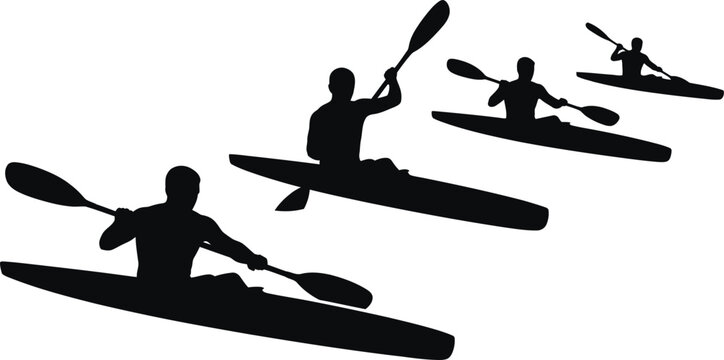 Kayaking silhouettes showing people paddling canoes on water, outdoor adventure and recreational water sports concept illustration