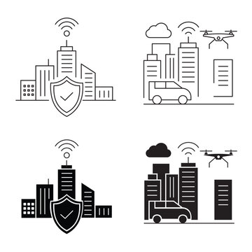 Smart city technology security and autonomous drone vehicle icon set