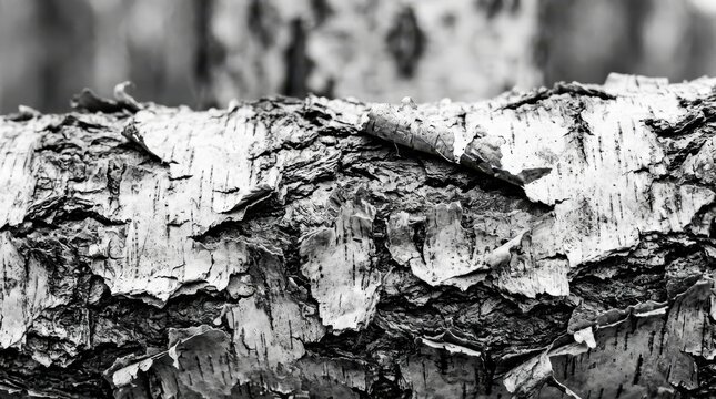 Black and white macro close up of rough peeling birch tree bark revealing natural wood grain patterns and rough organic woodland forest textures