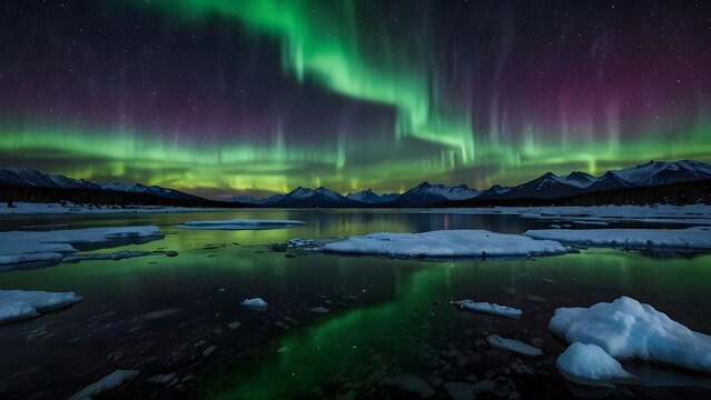 Vibrant aurora borealis dancing over a frozen lake with ice floes under a starry night sky.