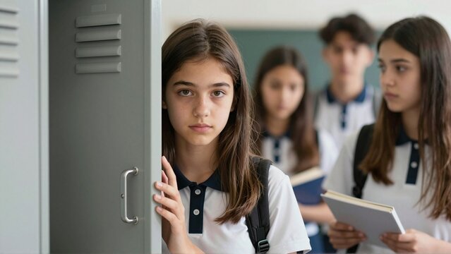 Serious schoolgirl stands beside metal locker while classmates gather in a school hallway