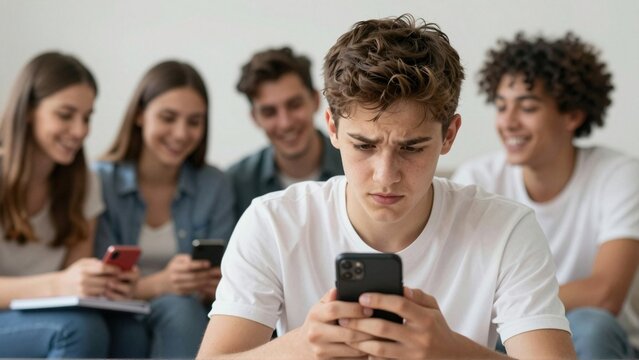 Upset teenage boy reading smartphone while friends laugh together in background indoors