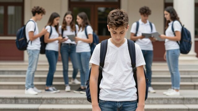 Isolated schoolboy looks down while classmates gather together outside a school building