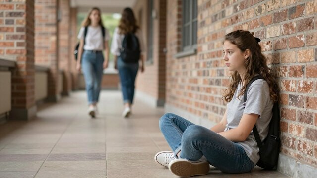 Isolated teenage girl with backpack sits by brick wall as classmates leave school corridor