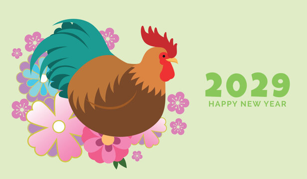 Zodiac rooster on flowers background. Year of the Rooster colorful greetings card template.