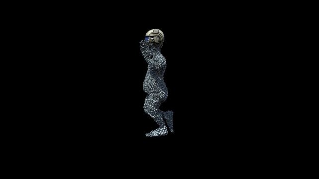 3D Weird Goofy Character in Bubble Wrap Costume and Gas Mask, Running Loop, Side View, Alpha Channel