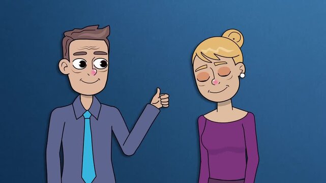 2D animation portrait of a man in shirt and tie gesturing and talking to a woman studio blue background concept