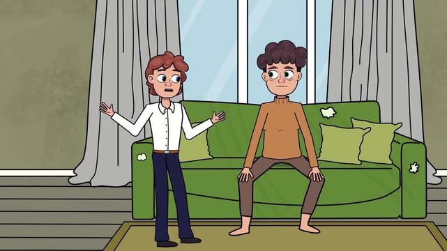 2D animation of two men having a conversation in a modern living room setting near green sofa domestic life