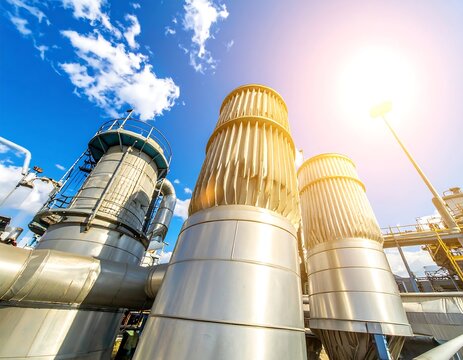 Industrial heat exchangers and tall metallic towers at a petrochemical plant under a bright blue sky. Ideal for energy, engineering, and manufacturing concepts.