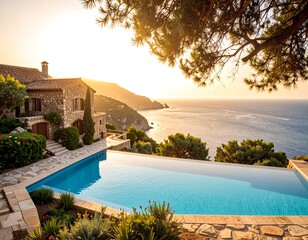 Obraz premium Stunning infinity pool overlooking the Mediterranean Sea at sunset next to a luxury stone villa. Ideal for travel marketing and upscale vacation concepts.