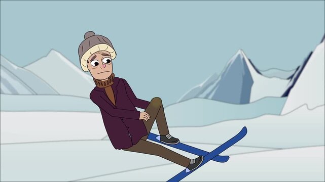 2D animation of a person skiing down a steep snowy mountain slope winter sports and outdoor activity concept