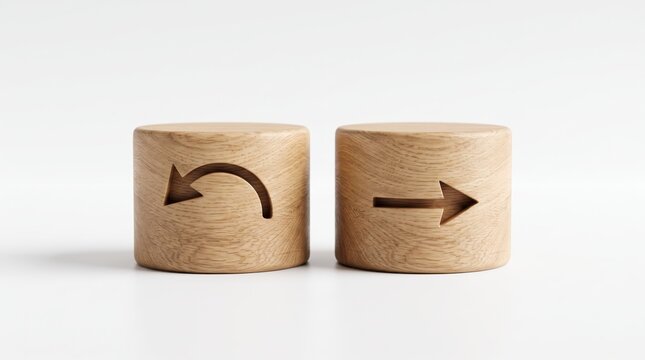 Two natural wooden cylinder blocks placed side by side on white, one engraved with curved return back arrow symbol and other with straight forward right arrow, symbolizing choices