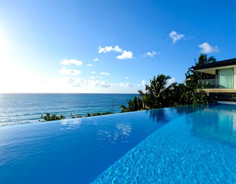 Luxurious infinity pool overlooking a stunning tropical ocean and clear blue sky. Ideal for upscale vacation marketing and luxury travel concepts.