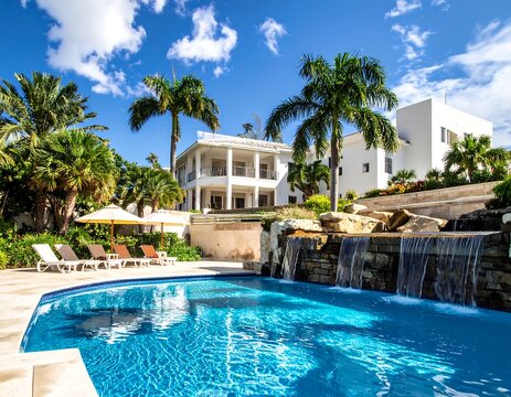 Luxurious Florida pool area with crystal-clear water, rock waterfall, and palm trees under a sunny sky. Ideal for resort marketing and tropical vacation concepts.
