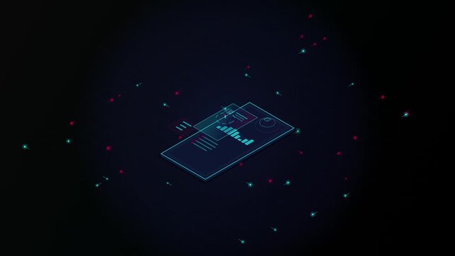 Isometric digital dashboard interface with floating data particles and analytics hud for business intelligence and tech presentations