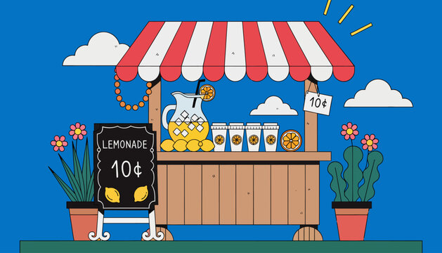 Lemonade stand with red and white awning