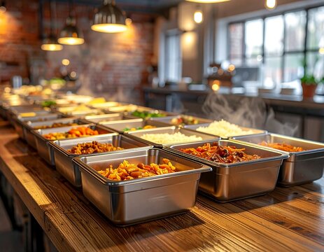 Metal food pans with warm dishes on a self-service buffet line in a restaurant. Ideal for catering, hospitality, and culinary marketing concepts.