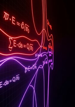 Vibrant red and purple neon lines form a dynamic flow of glowing mathematical equations across a dark grid background for a modern look, pattern, technology, flow