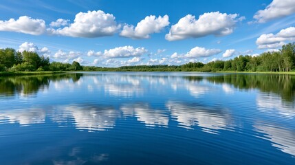 Fototapeta premium Lake reflecting blue sky with white clouds