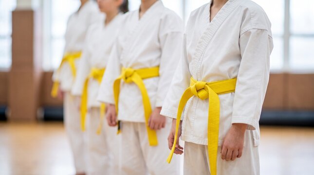Children in white karate uniforms with yellow belts standing in a row during training in a dojo