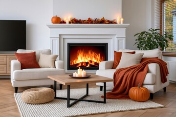 Obraz premium Cozy living room with autumn decor and fireplace